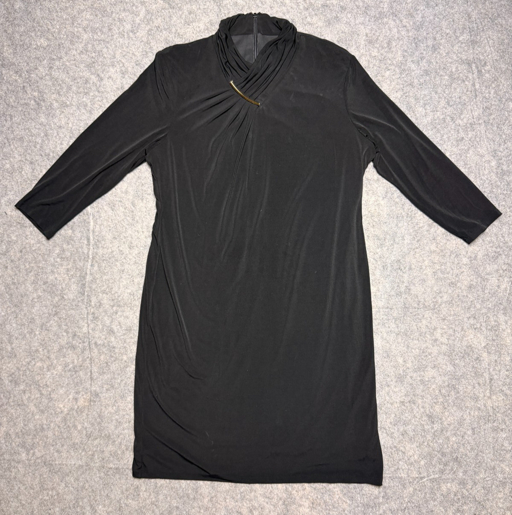 Calvin Klein Women's Black Sheath Dress sz 12/14 Mock Neck Gold Bar 3/4 Sleeve